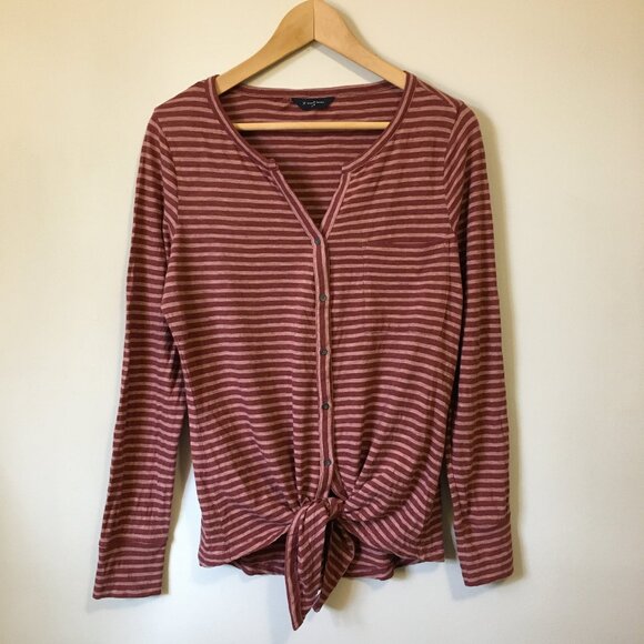 100% Cotton Long Sleeve Tie Hem Raspberry and Peach Pinstripe Top - Picture 2 of 16